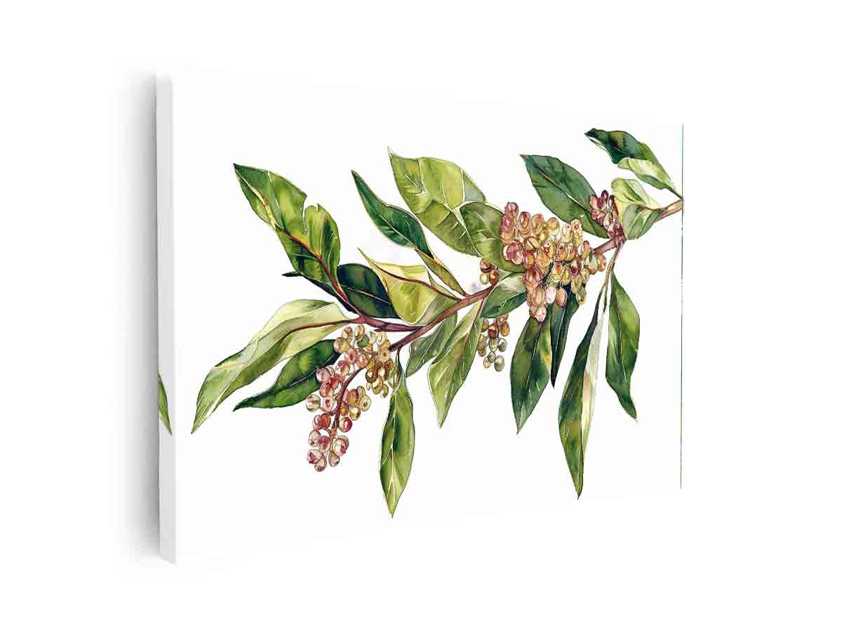 Watercolor botanical branch canvas print with green leaves and berries for minimalist bedroom decor.