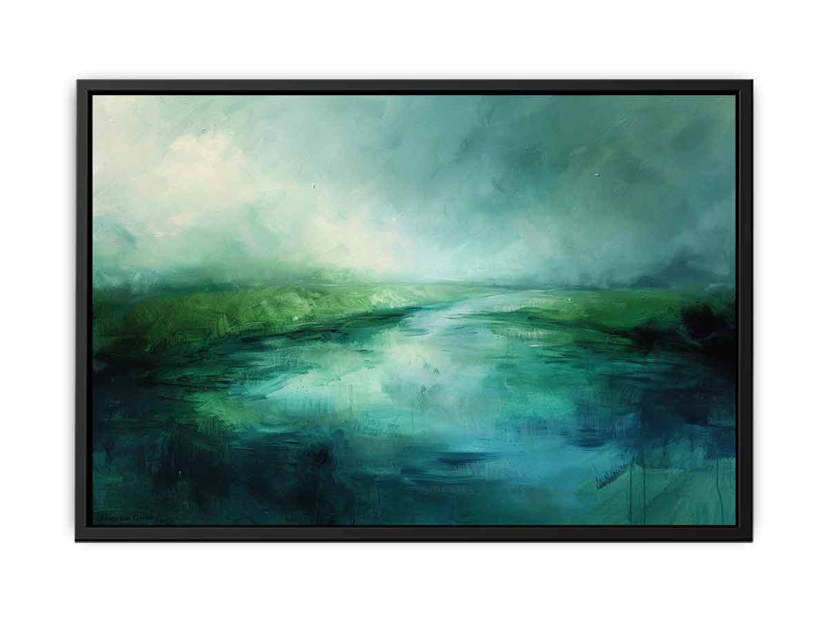Green teal abstract landscape canvas art with misty water for calming bedroom decor.
