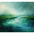Green teal abstract landscape canvas art with misty water for calming bedroom decor.