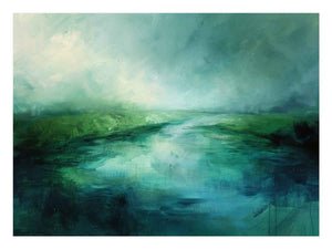 Green teal abstract landscape canvas art with misty water for calming bedroom decor.