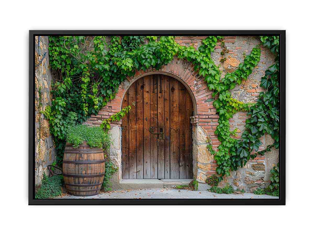Rustic wooden doorway wall art with vines, stone wall and barrel for farmhouse entryway decor.