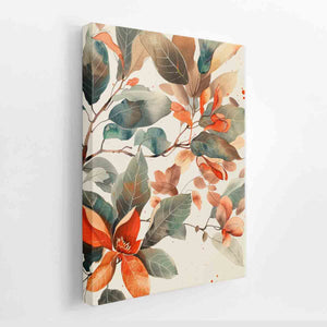Watercolor autumn leaf canvas art with soft green and orange foliage for bedroom decor.