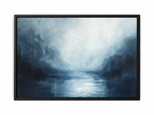 Blue abstract landscape wall art with misty water tones for calming bedroom decor.