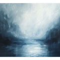 Blue abstract landscape wall art with misty water tones for calming bedroom decor.