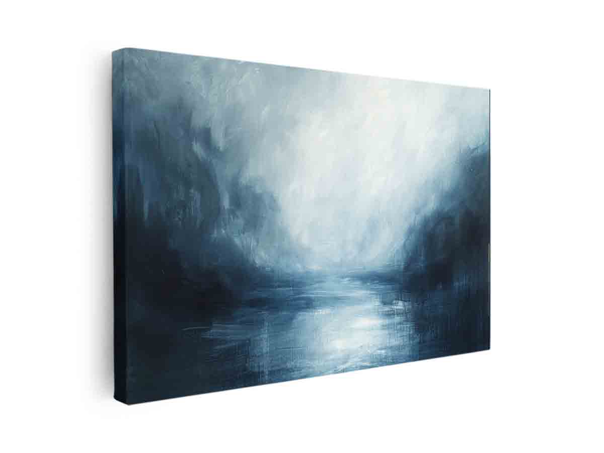 Blue abstract landscape wall art with misty water tones for calming bedroom decor.