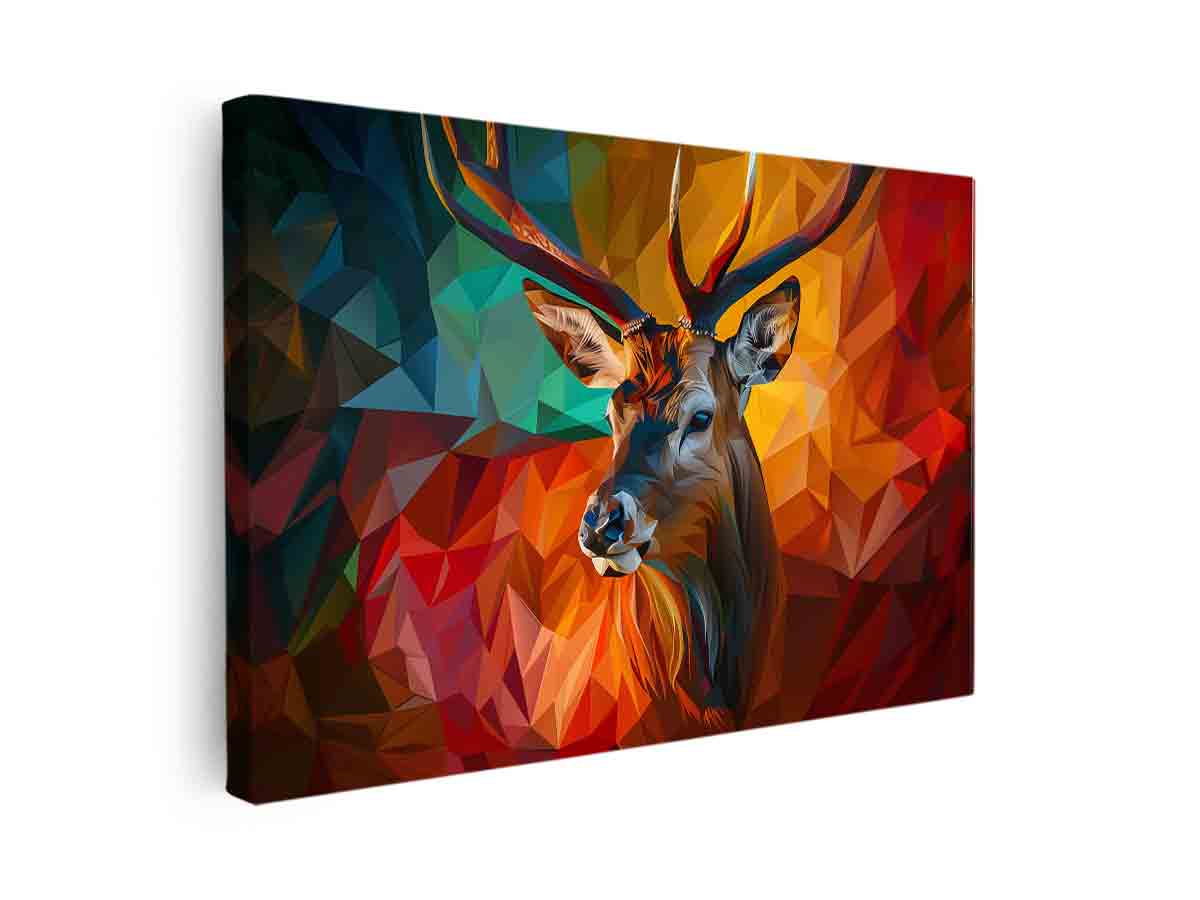 Colorful geometric deer portrait artwork for modern living room wall art.