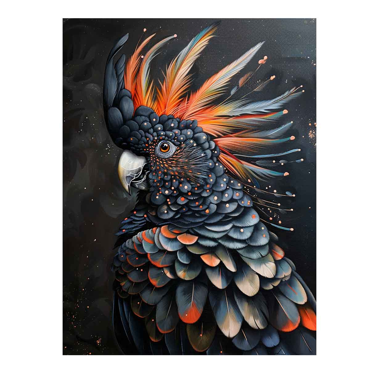 Black cockatoo bird portrait canvas art for modern office decor.