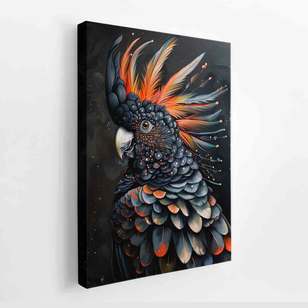 Black cockatoo bird portrait canvas art for modern office decor.