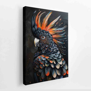 Black cockatoo bird portrait canvas art for modern office decor.