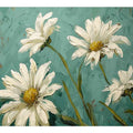 White daisy floral canvas art with teal background for elegant living room decor.
