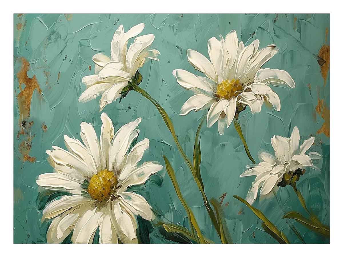 White daisy floral canvas art with teal background for elegant living room decor.