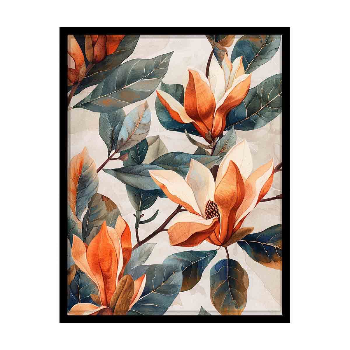 Magnolia floral canvas artwork with leaves for elegant bedroom decor.