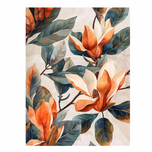 Magnolia floral canvas artwork with leaves for elegant bedroom decor.