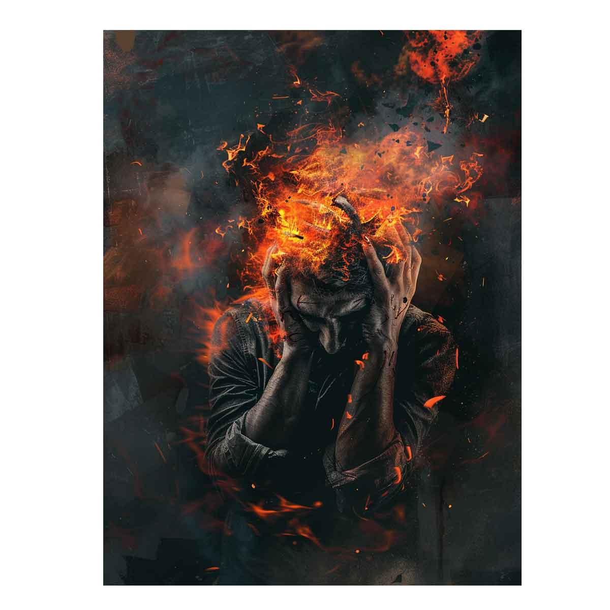Dramatic fire portrait canvas art for modern office statement decor.