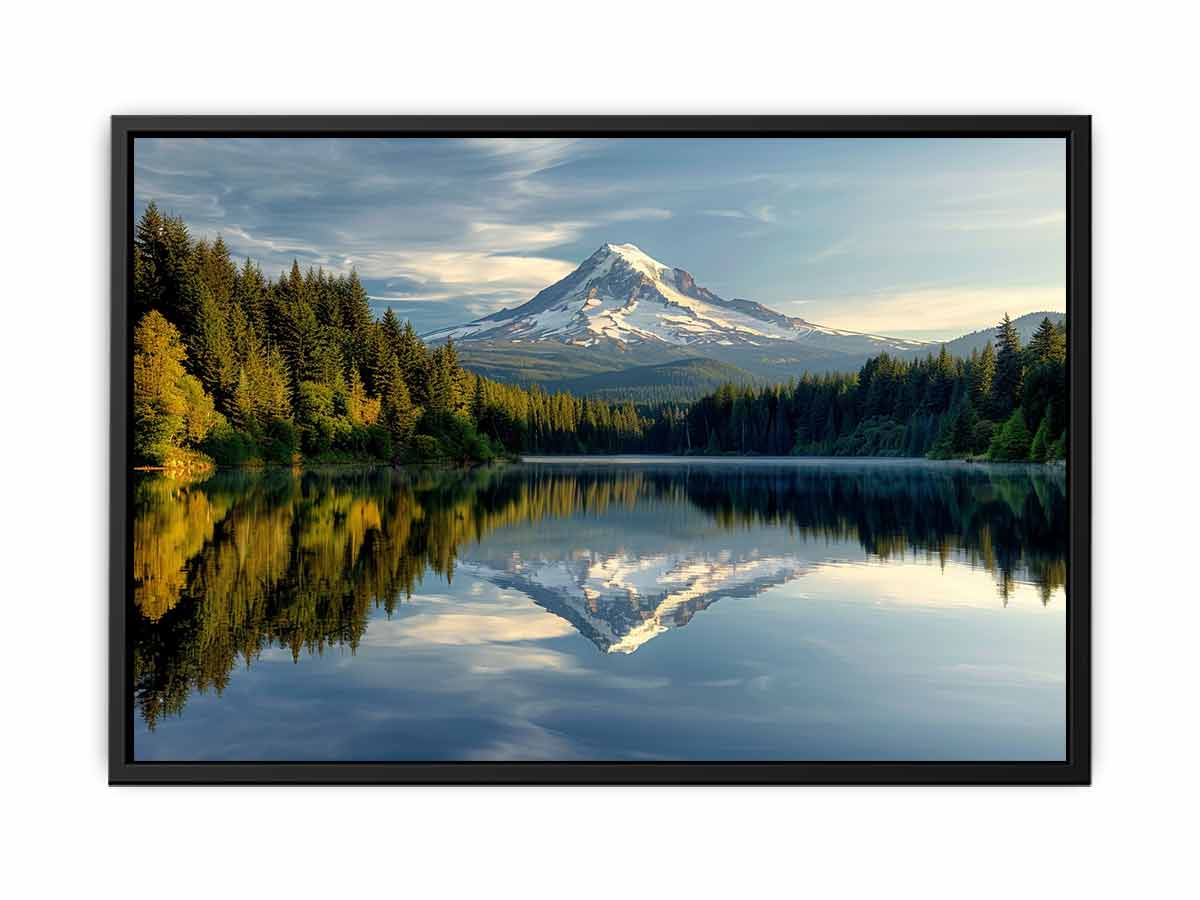 Mount Hood reflected in a calm Oregon lake surrounded by evergreen forests, landscape photography wall art.
