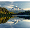 Mount Hood reflected in a calm Oregon lake surrounded by evergreen forests, landscape photography wall art.