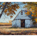 Autumn barn landscape canvas art for farmhouse living room and rustic home decor.