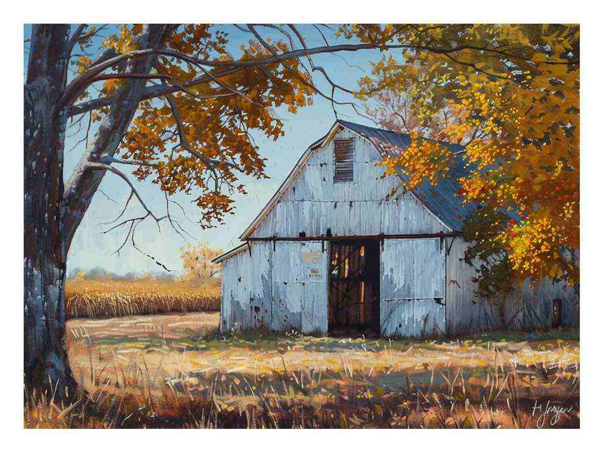 Autumn barn landscape canvas art for farmhouse living room and rustic home decor.