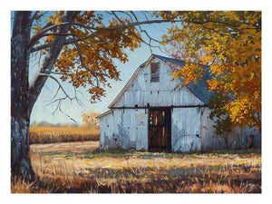 Autumn barn landscape canvas art for farmhouse living room and rustic home decor.