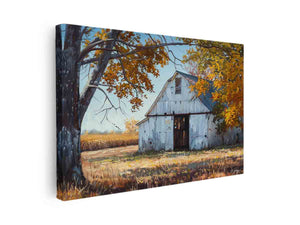 Autumn barn landscape canvas art for farmhouse living room and rustic home decor.