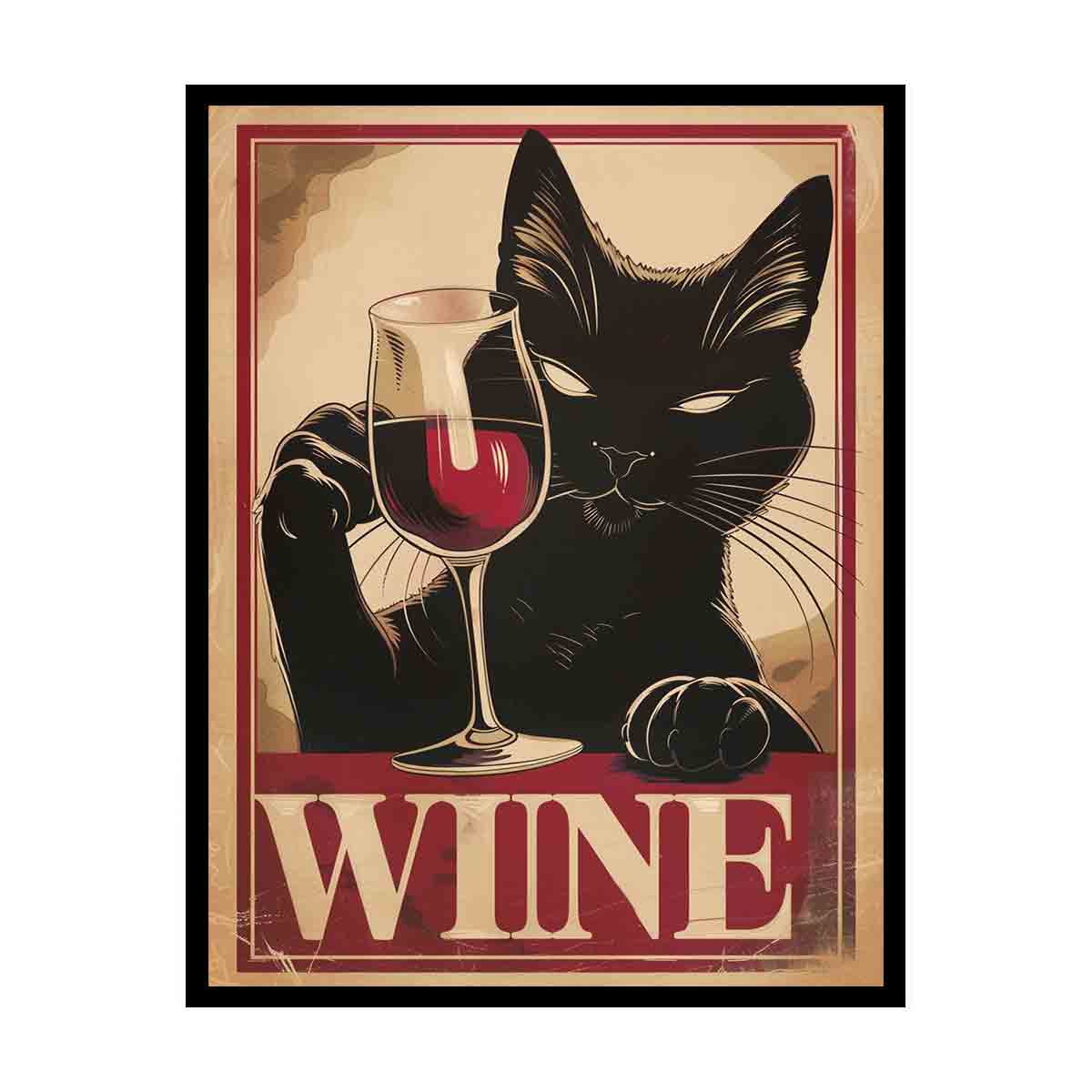 Vintage black cat wine poster art for home bar and dining room wall decor.