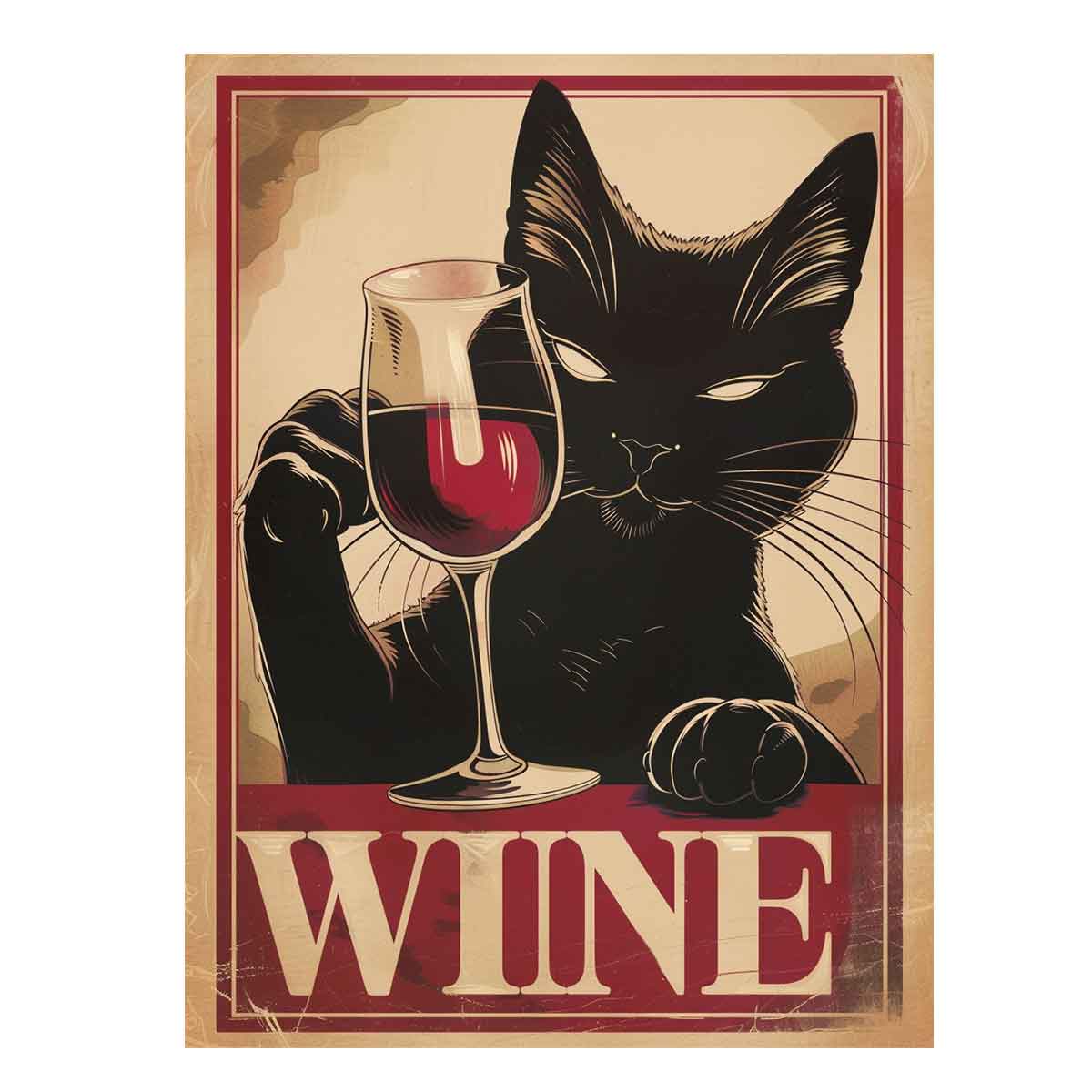 Vintage black cat wine poster art for home bar and dining room wall decor.