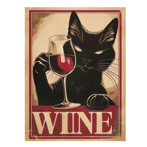 Vintage black cat wine poster art for home bar and dining room wall decor.