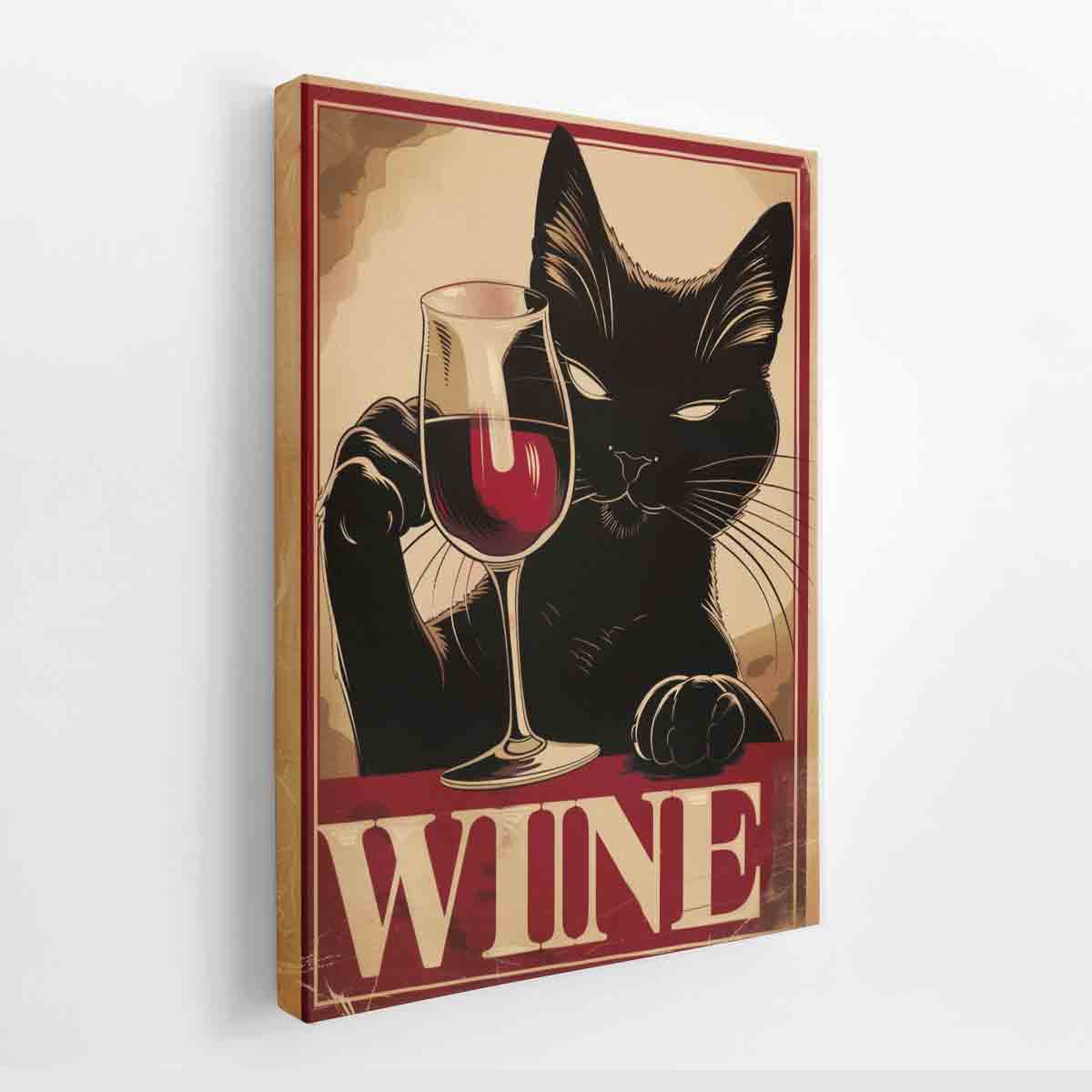 Vintage black cat wine poster art for home bar and dining room wall decor.