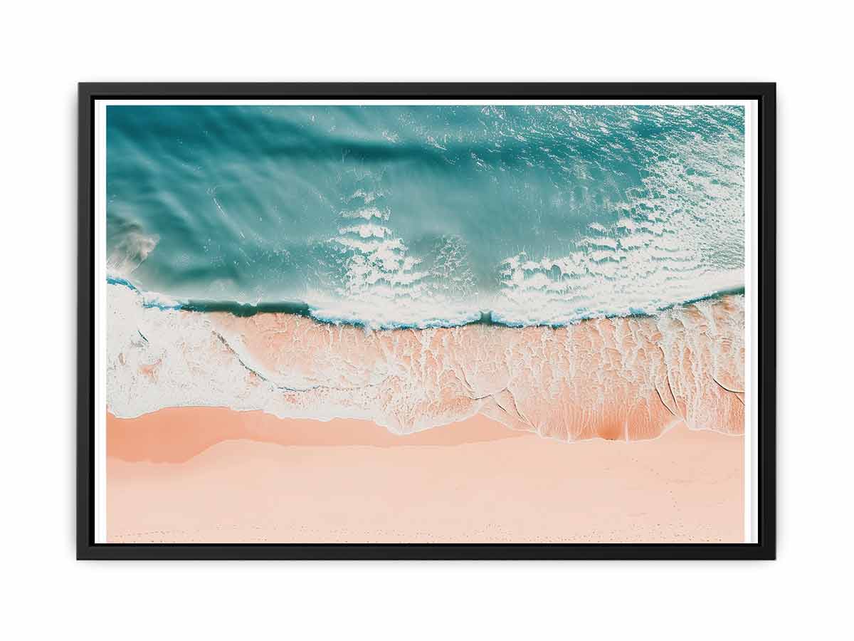 Aerial turquoise ocean waves over blush sand for calm coastal bedroom decor.