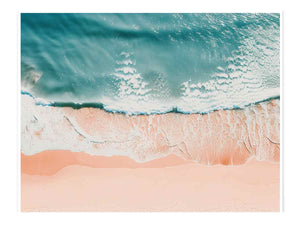 Aerial turquoise ocean waves over blush sand for calm coastal bedroom decor.