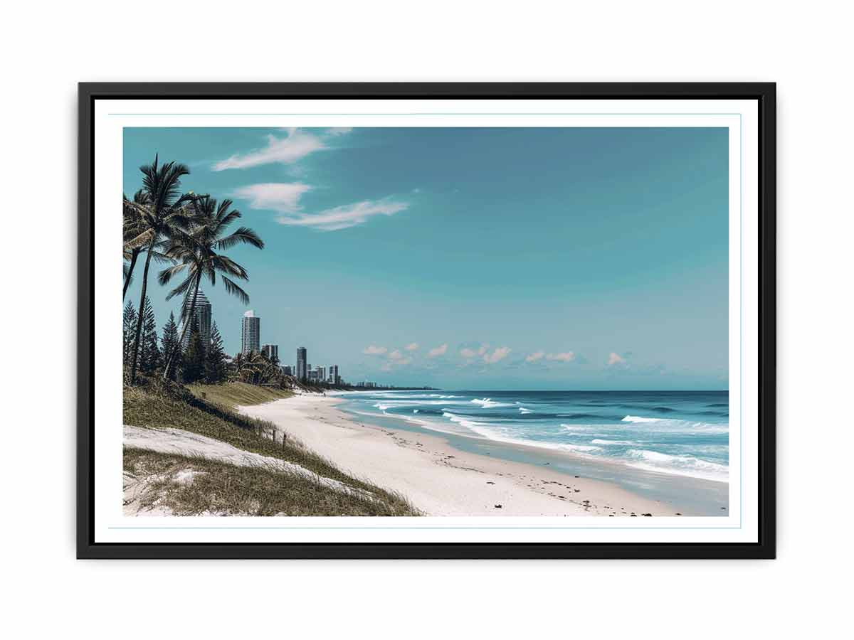 Coastal beach photography with palm trees and turquoise ocean for living room decor.