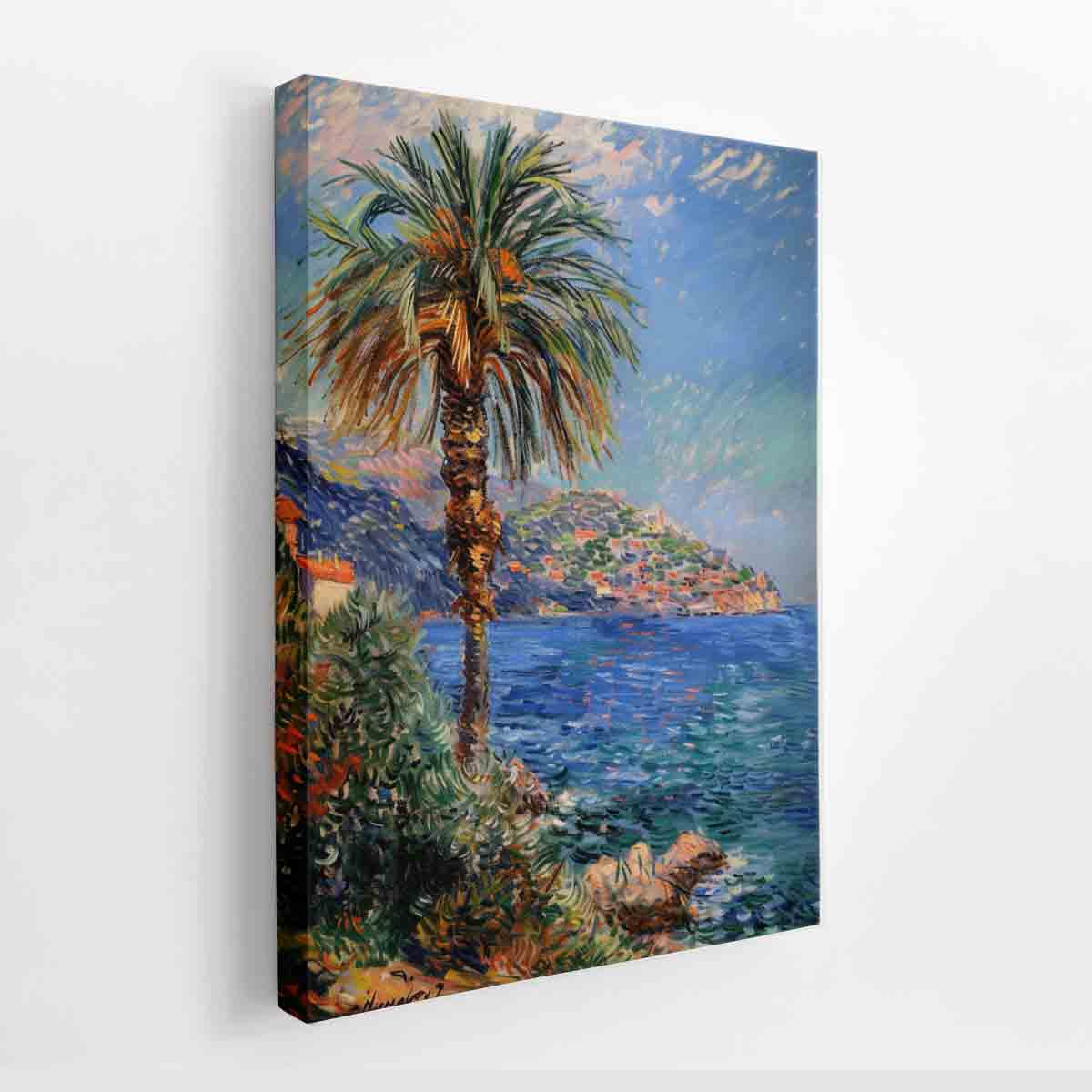 Impressionist coastal landscape with palm tree for elegant living room decor