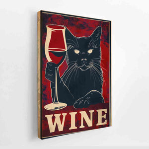 Vintage black cat holding wine glass artwork for home bar wall decor