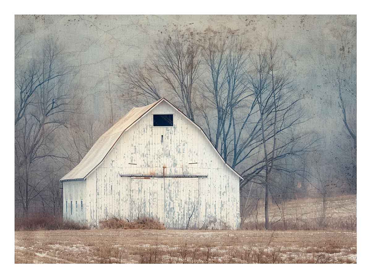 White barn landscape photography for farmhouse style wall decor