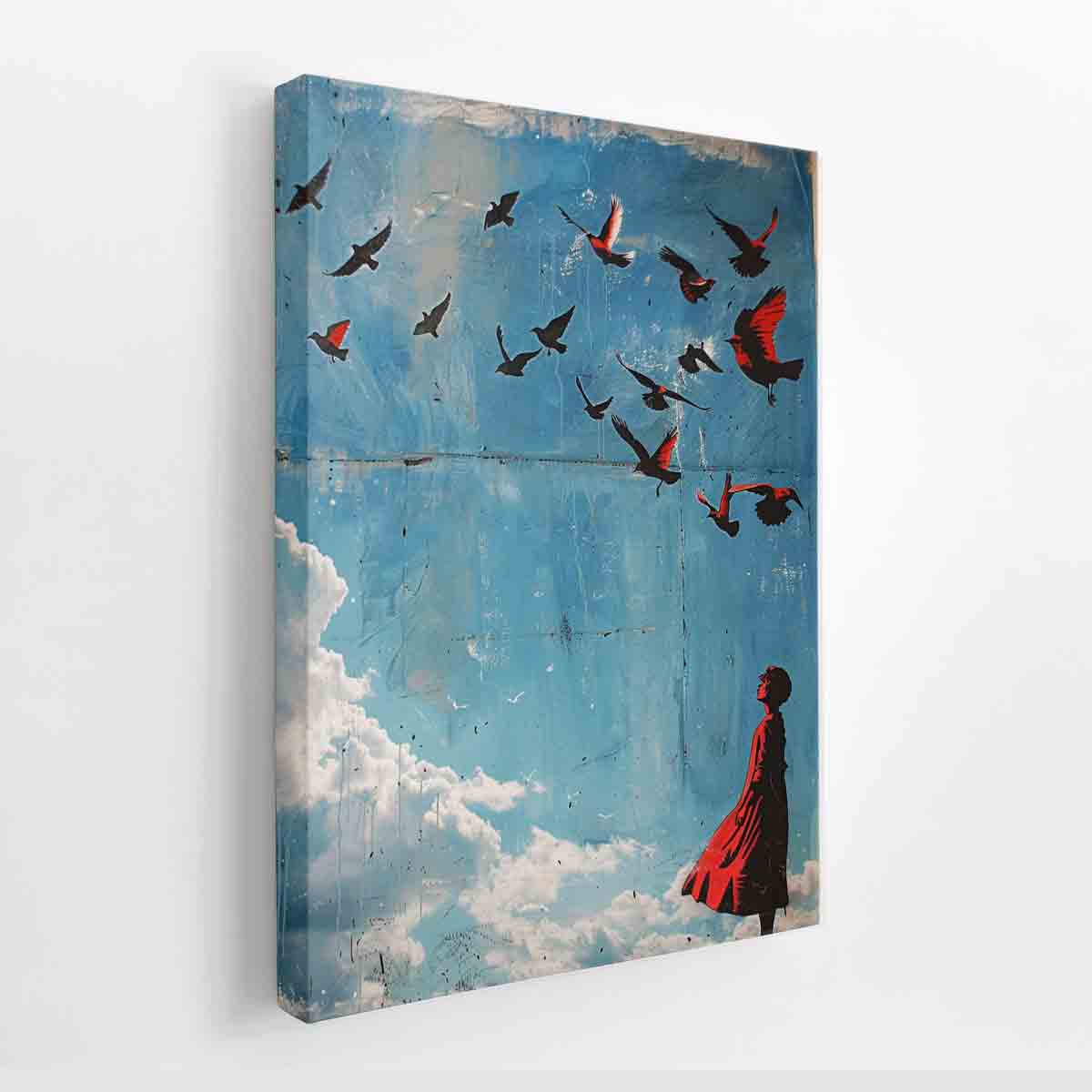 Surreal blue sky bird canvas art with red figure for modern living room decor.