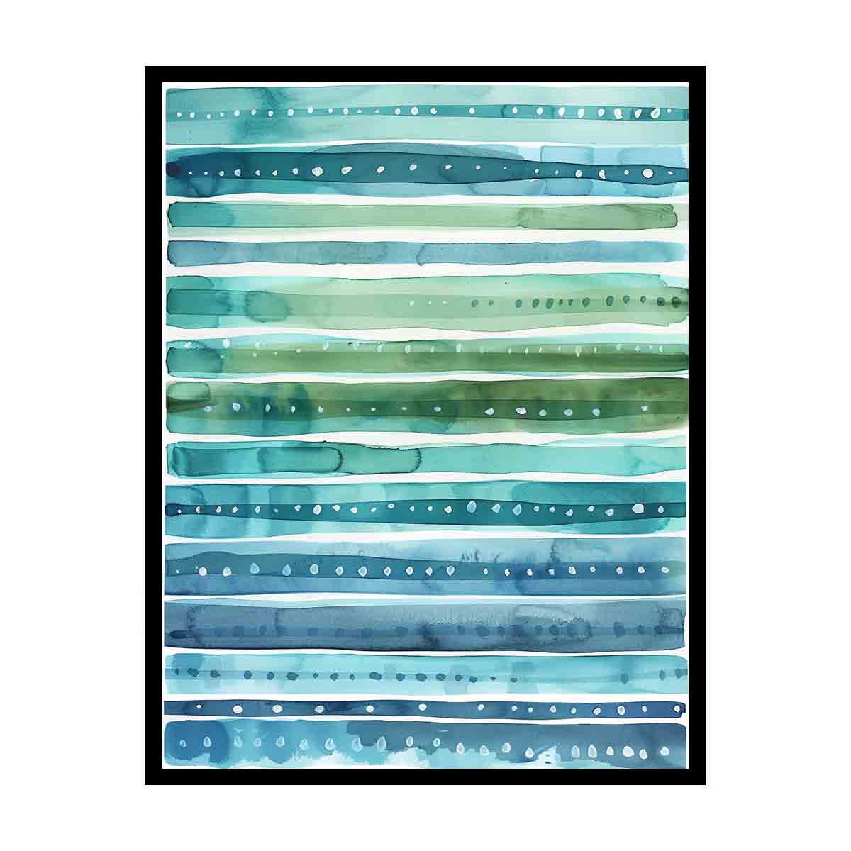 Coastal watercolor stripe canvas art in blue and teal for bathroom wall decor.