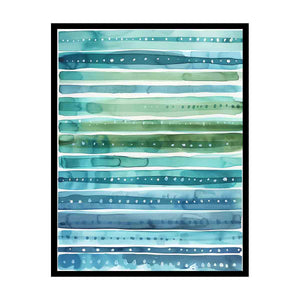 Coastal watercolor stripe canvas art in blue and teal for bathroom wall decor.