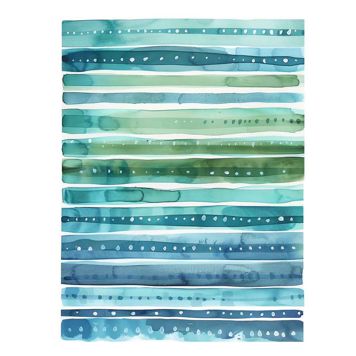 Coastal watercolor stripe canvas art in blue and teal for bathroom wall decor.
