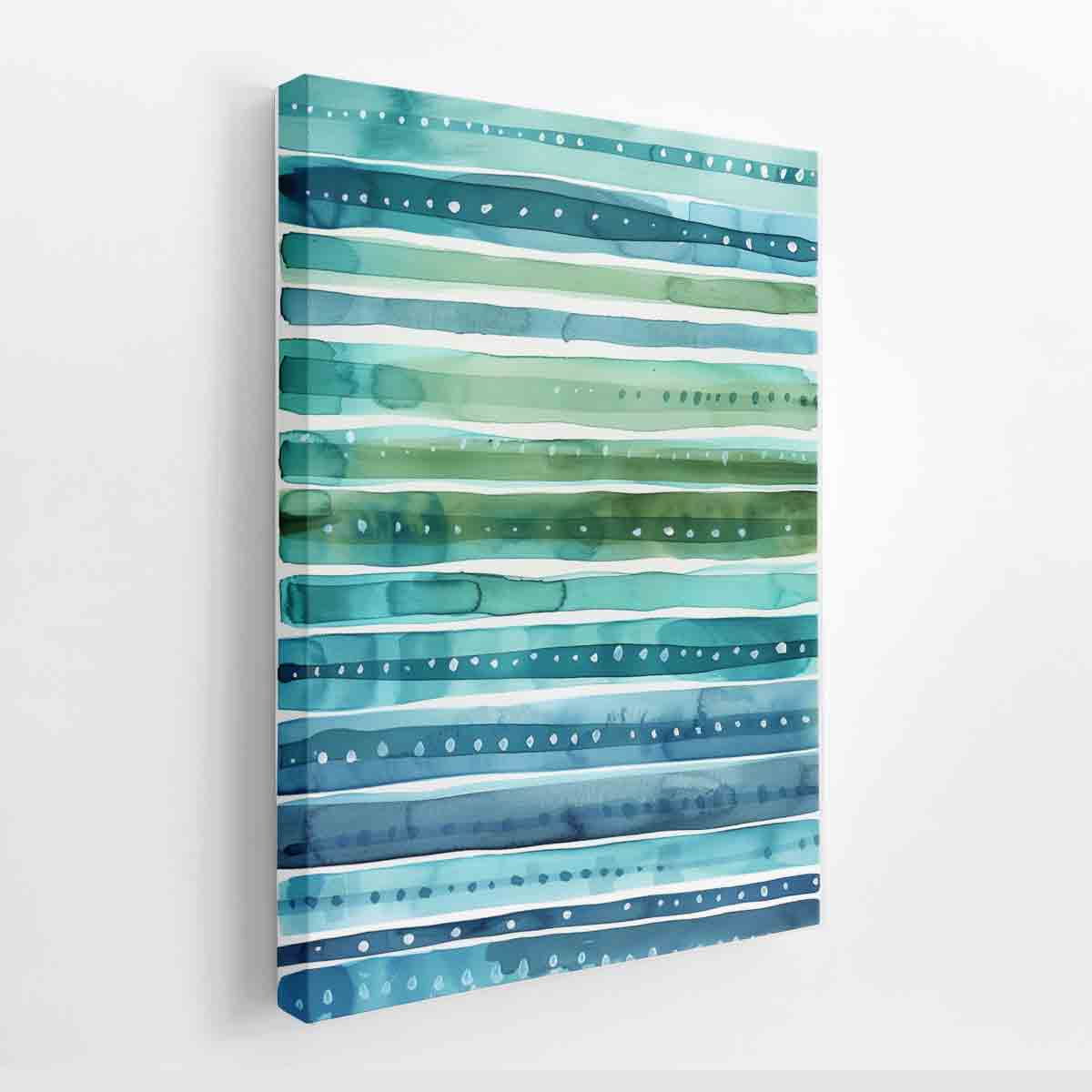 Coastal watercolor stripe canvas art in blue and teal for bathroom wall decor.