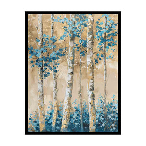 Blue birch tree canvas art with botanical forest style for elegant living room decor.