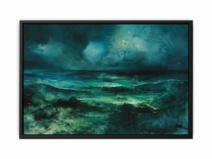 Moody teal abstract ocean canvas art for dramatic modern living room decor.
