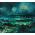 Moody teal abstract ocean canvas art for dramatic modern living room decor.