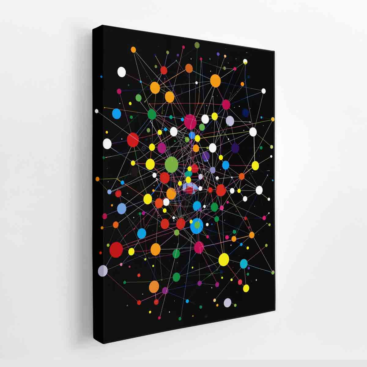 Colorful abstract network canvas art with circles and lines for modern office decor.