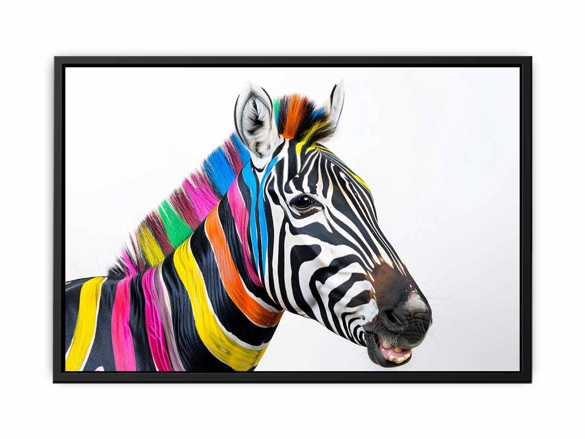 Colorful zebra portrait canvas art for bold modern kids room or office decor.