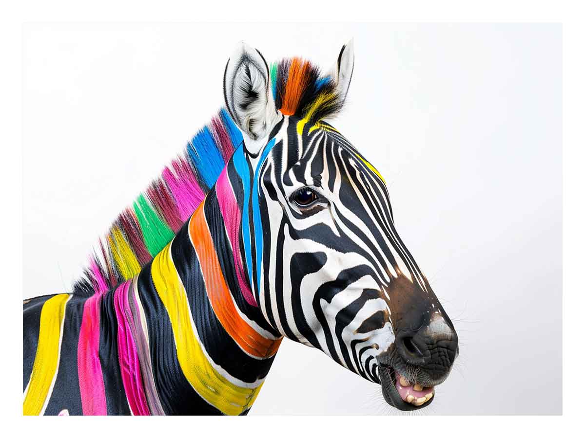 Colorful zebra portrait canvas art for bold modern kids room or office decor.
