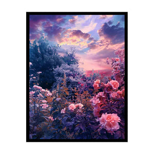 Dreamy pink flower garden canvas art for romantic bedroom wall decor.