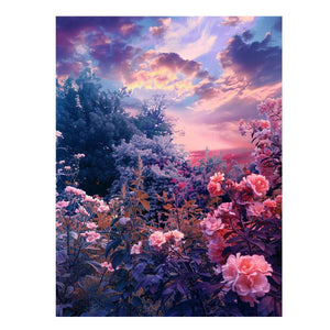 Dreamy pink flower garden canvas art for romantic bedroom wall decor.