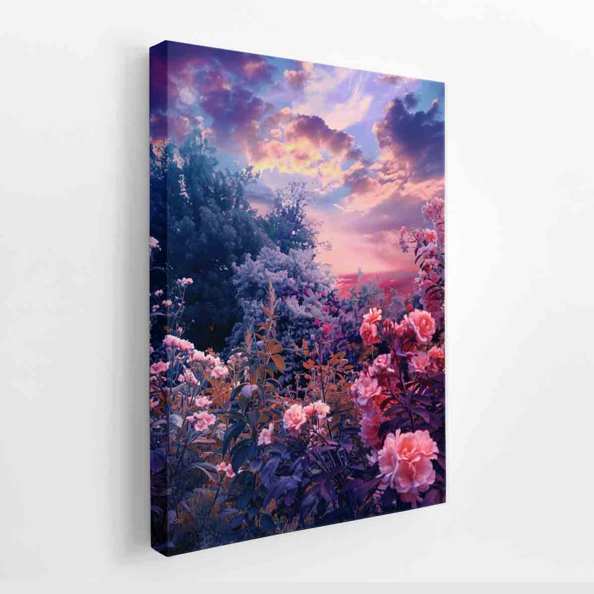Dreamy pink flower garden canvas art for romantic bedroom wall decor.