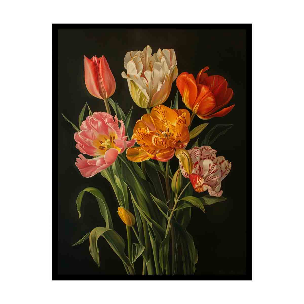 Elegant tulip still life canvas art with dark background for dining room decor.