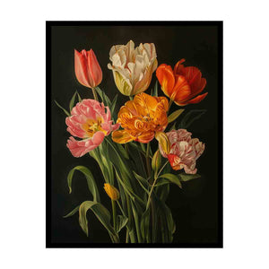 Elegant tulip still life canvas art with dark background for dining room decor.